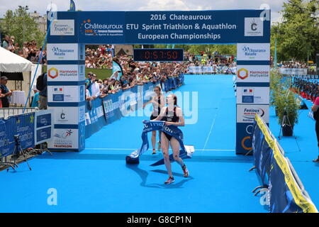 Team GB triathlete Lucy Hall crosses the line at the Elite women Sprint Championships in France, followed by Jess Learmonth. Stock Photo