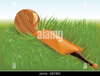 cricket. but and ball on a green grass Stock Vector