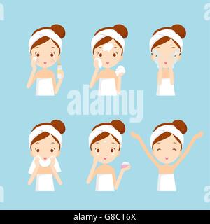 Girl cleaning and care her face with various actions set, facial, treatment, beauty, healthy, hygiene, lifestyle, set Stock Vector