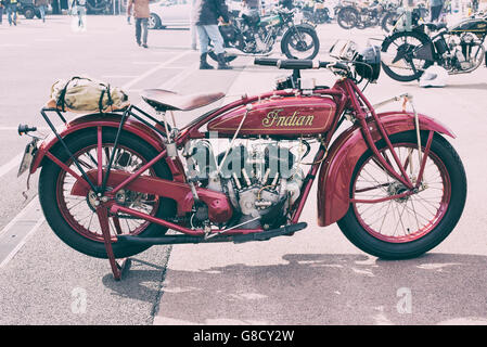 1928 Indian 101 Scout motorcycle. Classic American motorcycle at VMCC Banbury Run. Oxfordshire, England. Vintage filter applied Stock Photo