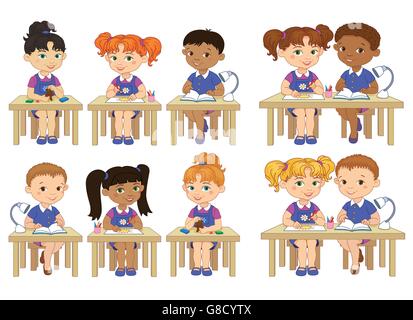 Set funny pupils sit on desks read draw clay cartoon illustration Stock Vector