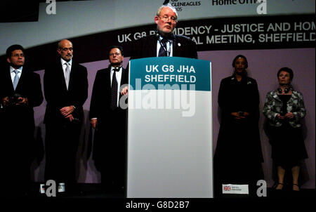 Home Secretary Charles Clarke, makes a speech at the close. Standing behind him are (from left to right) Alberto Gonzales, the American Attorney General, American Secretary of Homeland Security Michael Chirtoff, Lord Goldsmith, Baroness Scotland and Hazel Blears. Stock Photo