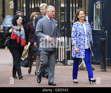 The Prince of Wales (centre) and Segolene Royal (right) arrive at a meeting on forests and climate change at Lancaster House in London, ahead of the upcoming Cop21 United Nations Climate Change Conference in Paris. Stock Photo