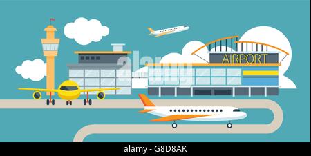 Plane and Airport Flat Design Illustration Icons Objects, Station Concept Stock Vector