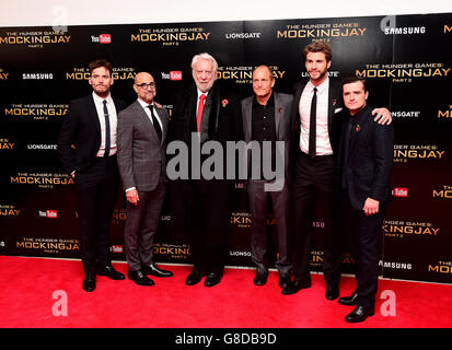 Sam Claflin, Stanley Tucci, Donald Sutherland, Woody Harrelson, Liam Hemsworth and Josh Hutcherson attending the UK Premiere of The Hunger Games: Mockingjay, Part 2 at the ODEON Leicester Square, London. PRESS ASSOCIATION Photo. See PA story SHOWBIZ HungerGames. Picture date: Thursday November 5, 2015. Photo credit should read: Ian West/PA Wire Stock Photo