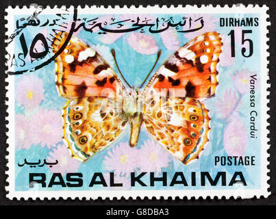 GROOTEBROEK ,THE NETHERLANDS - MARCH 8,2016 : A stamp printed by Dubai, shows Tropical butterfly, Circa 1968 Stock Photo
