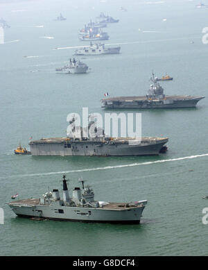 An aerial view of naval ships from 35 nations gathering in the Solent for the International Fleet Review ahead of Tuesday's 200th anniversary of the Battle of Trafalgar. Stock Photo