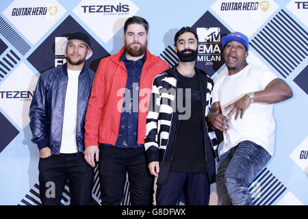 Piers Agget, Kesi Dryden, Amir Amor and DJ Locksmith of Rudimental attending the MTV European Music Awards 2015 held at the Mediolanum Forum di Assago in Milan, Italy. Picture date: Sunday October 25, 2015. See PA Story: SHOWBIZ EMA. Photo credit should read: Yui Mok/PA Wire Stock Photo