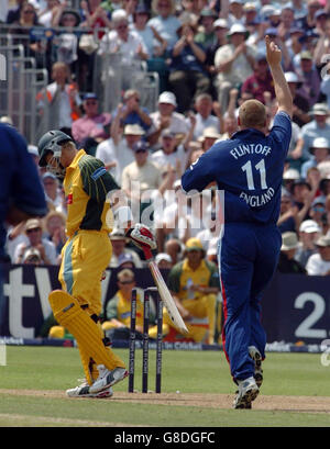 England's Andrew Flintoff celebrates taking Australia's Shane Watson's wicket. Stock Photo