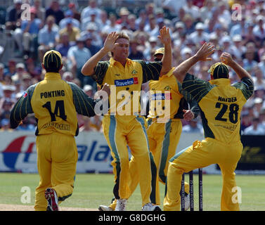 Australia's Glenn McGrath is congratulated by team-mates. Stock Photo