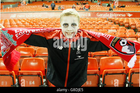 Soccer - Capital One Cup - Fourth Round - Liverpool v AFC Bournemouth - Anfield. Early halloween makeover for a young Liverpool fan before the Capital One Cup, Fourth Round match at Anfield, Liverpool. Stock Photo