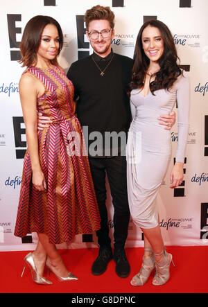 EDITORIAL USE ONLY. Sarah Jane Crawford (left), Sabrina Chakici (right) (new E! host) and Henry Holland arrive at the E! party for the announcement of their new UK and Ireland host at The Hoxton, Holborn. Stock Photo