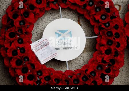 The wreath laid by Scotland's First Minister Nicola Sturgeon at the Stone of Remembrance, at the City Chambers, Edinburgh, during Remembrance Sunday in tribute for members of the armed forces who have died in major conflicts. Stock Photo