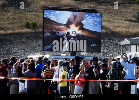 June 28, 2016. Promontory UT. Raw fire power is blasted into a hillside as ATK test fires a solid rocket booster motor that burns 6 tons of propellant each second with expanding gases and flames exiting the nozzle at speeds in excess of Mach 3 and temperatures reaching 3,700 degrees Fahrenheit Tuesday. Orbital ATK test fire happen at 9:05am MT time and NASA will use measurements from more than 530 data channels to evaluate motor performance, acoustics, motor vibrations, nozzle modifications, insulation upgrades. Photo by Gene Blevins/LA DailyNews/ZumaPress. (Credit Image: © Gene Blevins via Stock Photo