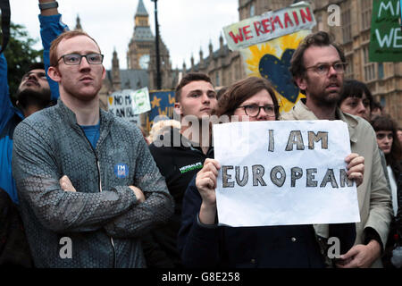 London UK. 28th June, 2016. Demonstrators take part in a protest aimed at showing London's solidarity with the European Union following the recent EU referendum, out side the houses of parliament , central London Credit:  Thabo Jaiyesimi/Alamy Live News Stock Photo