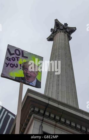 London, UK. 28th June, 2016. Placard of Boris Johnson next to Nelson's column Credit:  Rod Harbinson/Alamy Live News Stock Photo