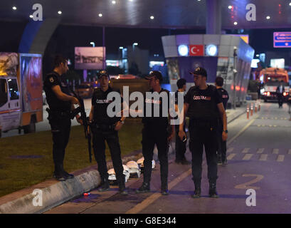 Istanbul, Turkey. 29th June, 2016. Policemen stand guard outside Ataturk International Airport in Istanbul, Turkey, June 29, 2016. Turkish Prime Minister Binali Yildirim on Wednesday blamed the Islamic State for the bombing attacks that killed 36 people at the airport Tuesday night. Credit:  He Canling/Xinhua/Alamy Live News Stock Photo