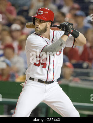 Washington, District of Columbia, USA. 28th June, 2016. Washington Nationals right fielder Bryce Harper (34) bats in the third inning against the New York Mets at Nationals Park in Washington, DC on Tuesday, June 28, 2016. The Nationals won the game 5 - 0.Credit: Ron Sachs/CNP Credit:  Ron Sachs/CNP/ZUMA Wire/Alamy Live News Stock Photo