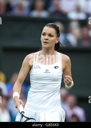 London, UK. 29th June, 2016. Agnieszka Radwanska of Poland reacts during the women's singles first round match against Kateryna Kozlova of Ukraine on Day 3 at The Championships Wimbledon 2016 in London, Britain on June 29, 2016. Credit:  Han Yan/Xinhua/Alamy Live News Stock Photo