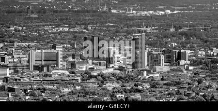 Aerial view, looking over Ruettenscheid the Essen Skyline, RWE Tower, City Hall, Philharmonie, Essen, Ruhr Area, Stock Photo