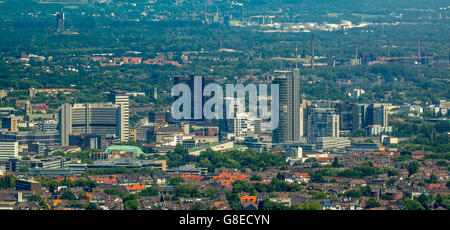 Aerial view, looking over Ruettenscheid the Essen Skyline, RWE Tower, City Hall, Philharmonie, Essen, Ruhr Area, Stock Photo