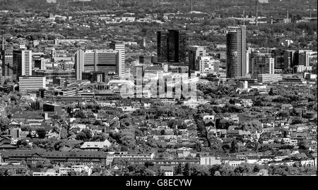 Aerial view, looking over Ruettenscheid the Essen Skyline, RWE Tower, City Hall, Philharmonie, Essen, Ruhr Area, Stock Photo