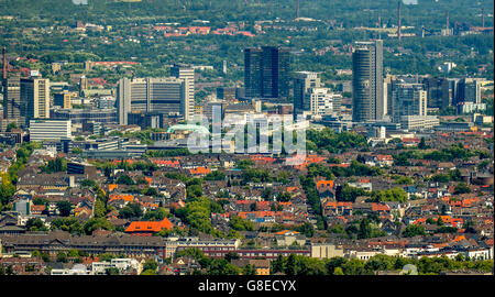 Aerial view, looking over Ruettenscheid the Essen Skyline, RWE Tower, City Hall, Philharmonie, Essen, Ruhr Area, Stock Photo