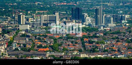 Aerial view, looking over Ruettenscheid the Essen Skyline, RWE Tower, City Hall, Philharmonie, Essen, Ruhr Area, Stock Photo