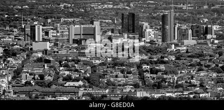 Aerial view, looking over Ruettenscheid the Essen Skyline, RWE Tower, City Hall, Philharmonie, Essen, Ruhr Area, Stock Photo