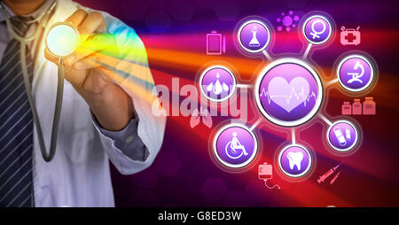 Medicine doctor hand working with modern computer interface Stock Photo