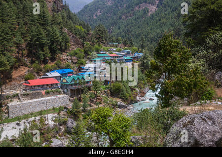 SAGARMATHA, NEPAL-MAY 6: Himalayan village 6, 2016 in Sagarmatha, Nepal. Himalayan village on the track to the Everest base camp Stock Photo