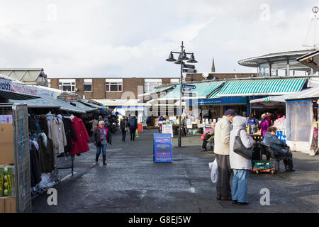 Open section of Bury Market, adjacent to the fish and meat market hall building, Greater Manchester. Stock Photo