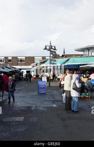 Open section of Bury Market, adjacent to the fish and meat market hall building, Greater Manchester. Stock Photo