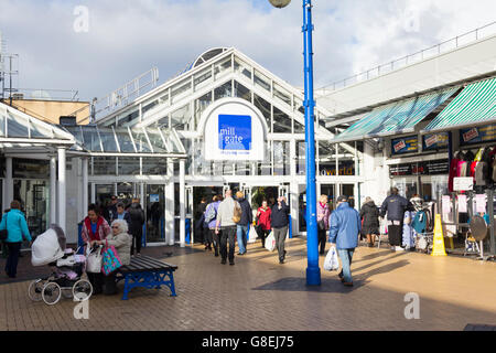 Bury Mill Gate shopping centre  entrance at The Square, adjacent to Bury market. Stock Photo