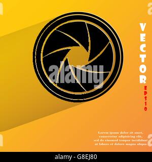 Photo camera diaphragm. Flat modern web button with long shadow and space for your text. Vector. EPS10 Stock Vector