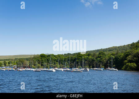Yachts and sailing boats moored at Ullswater yacht club on Thwaitehill bay, Ullswater in the English Lake District. Stock Photo