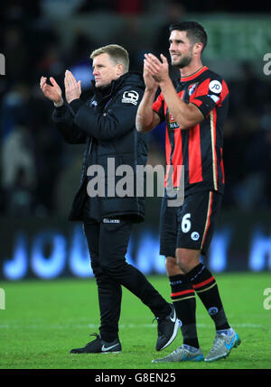 AFC Bournemouth manager Eddie Howe thanks the away fans after the Barclays Premier League match at the Liberty Stadium, Swansea.