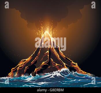 Eruption volcano island in the ocean. Lava flowing from the mountain against pillar of smoke. Stock Vector