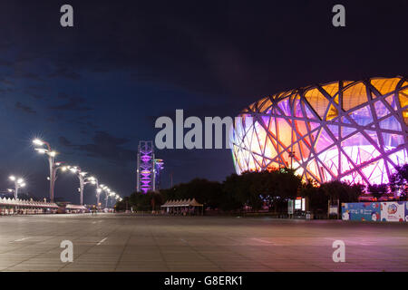 Beijing, China - Jun 21, 2016 : Night view of the National Stadium and the Beijing Olympic Park. Stock Photo