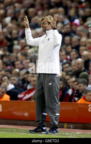 Liverpool manager Jurgen Klopp gestures on the touchline during the UEFA Europa League match at Anfield, Liverpool. Stock Photo