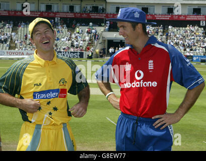 England captain Michael Vaughan (R) shares a joke with Australia captain Ricky Ponting when they meet before the NatWest Series match. Stock Photo