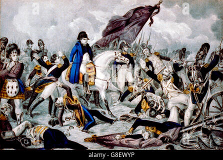 Napoleon on horseback at the Battle of Waterloo, June 18th 1815. Lithograph by N Currier, between 1835 and 1856 Stock Photo