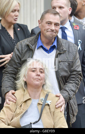 The stepmother of murdered schoolgirl Becky Watts and mother of her stepbrother Nathan Matthews, Anjie Galsworthy along with Becky's father Darren Galsworthy, listen to a statement being read to the media outside Bristol Crown Court, at the close of her murder trial, after Matthews was found guilty of murdering her during a sexually-motivated kidnap and his girlfriend Shauna Hoare was cleared of her murder but found guilty of manslaughter. Stock Photo