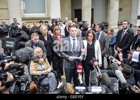 The uncle and aunt of murdered schoolgirl Becky Watts, Sam Galsworrthy and Sarah Broom, stand together as they issue a statement outside Bristol Crown Court, at the close of her murder trial, after her stepbrother Nathan Matthews, 28, was found guilty of murdering her during a sexually-motivated kidnap and his girlfriend Shauna Hoare was cleared of her murder but found guilty of manslaughter. Stock Photo