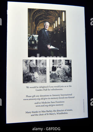 The back cover of the order of service for the funeral of former Labour MP Michael Meacher at St Mary's Church in Wimbledon, London. Stock Photo