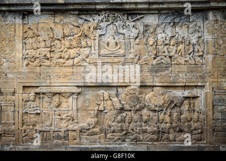 Carvings at Borobudur World Heritage Site, a 9th-century Mahayana Buddhist Temple in Magelang, Central Java Stock Photo