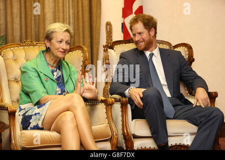 Prince Harry with the British High Commisioner Judith MacGregor during meetings at Government Office Complex in Maeru, Lesotho as he begins his visit to the region where he will name two buildings at the heart of his charity's, Sentebale, new landmark centre. Stock Photo