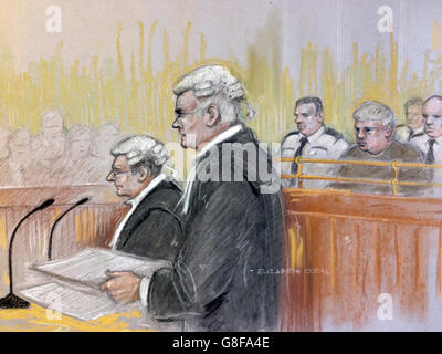 Court artist sketch by Elizabeth Cook of Roger Thomas QC for the prosecution, watched by defence QC Malcolm Bruce, making his opening address as Christopher May sits in the dock at Cardiff Crown Court where he is on trial for the murder of Tracey Woodford.