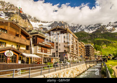 The town of Breuil-Cervinia, Aosta valley, Italy. Stock Photo