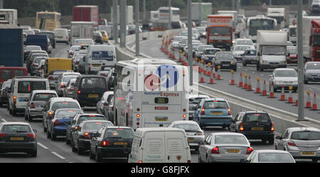 Traffic is at a standstill on the M25, west of London's Heathrow Airport. Stock Photo